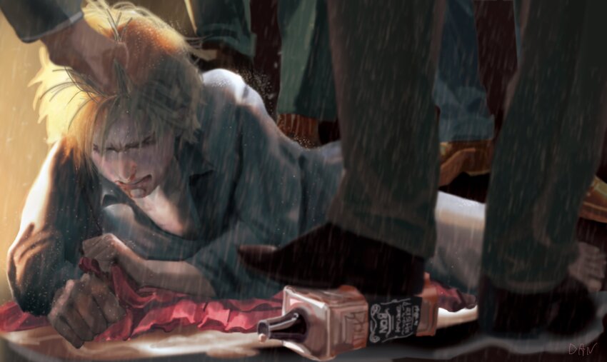 abuse, aged_down, alcohol, blonde_hair, blood, blood_from_mouth, blood_on_face, bottle, commentary_request, danart14020, dio_brando, dress, grabbing_another's_hair, highres, holding_another's_hair, injury, jacket, jojo_no_kimyou_na_bouken, lying, male_focus, nosebleed, pants, phantom_blood, pink_dress, rain, shirt, shoes, short_hair, solo_focus, wet, white_shirt