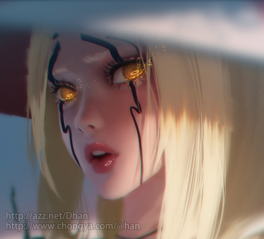 1girl, blonde_hair, blurry, blurry_foreground, d-han, eyelashes, facial_mark, glowing