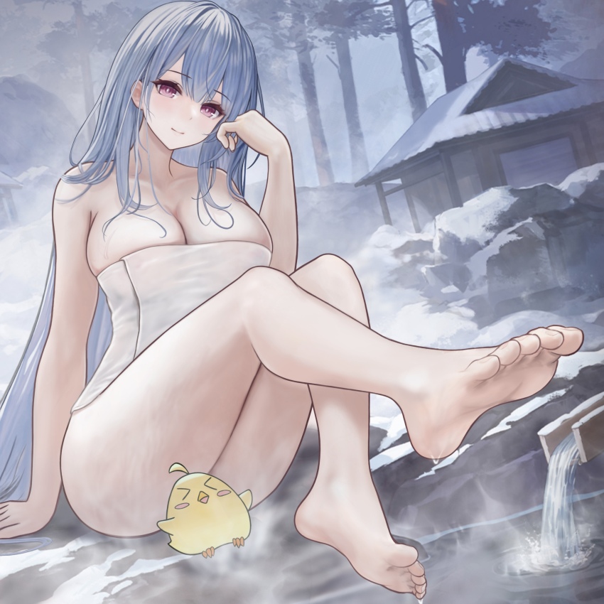 1girl, absurdres, azur_lane, baby_animal, bare_shoulders, barefoot, bird, blue_hair