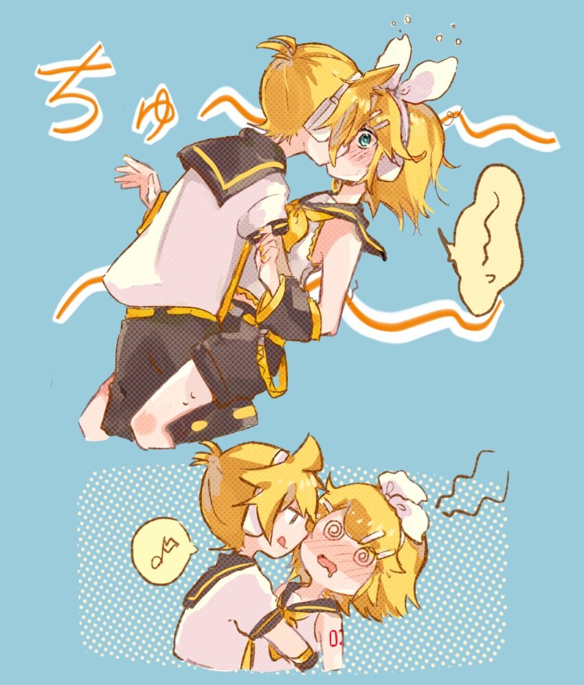 1boy, 1girl, aqua_eyes, blonde_hair, blush, brother_and_sister, drooling, hetero, highres, honey_lemon1227, incest, kagamine_len, kagamine_rin, kiss, siblings, sleeveless, tongue, tongue_out, twins, vocaloid