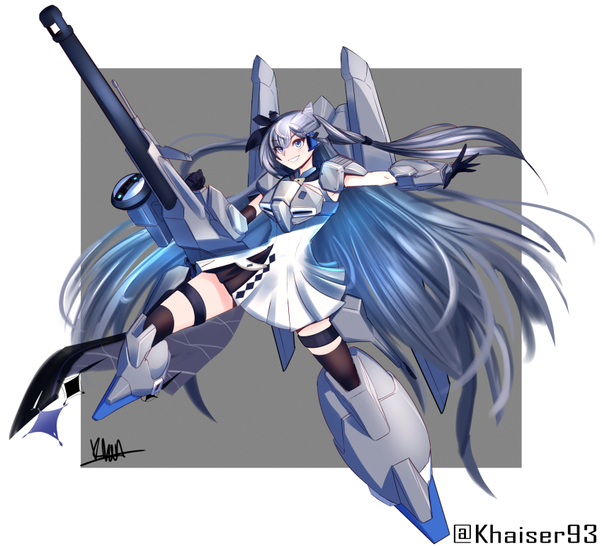 1girl, absurdres, black_gloves, blue_eyes, cosplay, gloves, grey_hair, gun