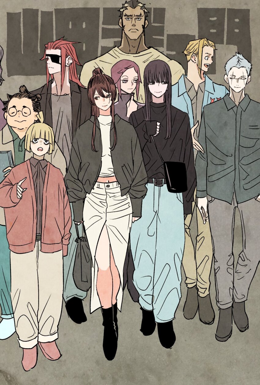 1girl, 6+boys, ahoge, aza_touma, bag, black_hair, black_jacket, black_sweater