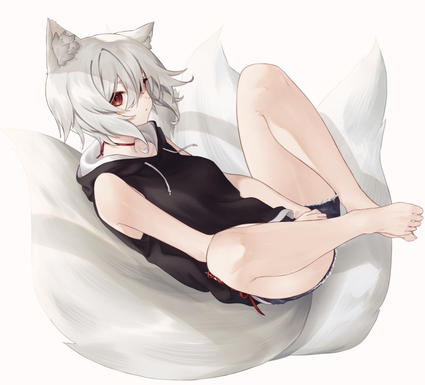 1girl, animal_ear_fluff, animal_ears, barefoot, black_hoodie, denim, denim_shorts, drawstring