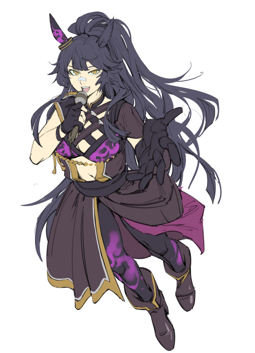 1girl, ankle_boots, asymmetrical_gloves, bandaid, bandaid_on_face, bandaid_on_nose, black_gloves, black_hair