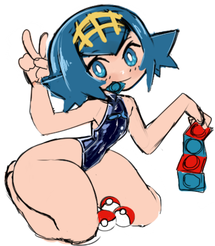 1girl, blue_eyes, blue_hair, blush, bright_pupils, circlet, condom, condom_in_mouth, condom_packet_strip, condom_wrapper, hiplover, lana_(pokemon), looking_at_viewer, mouth_hold, narrow_waist, nintendo, poke_ball, poke_ball_(basic), pokemon, pokemon_sun_and_moon, short_hair, sketch, solo, thick_thighs, thighs, v, white_background, white_pupils, wide_hips