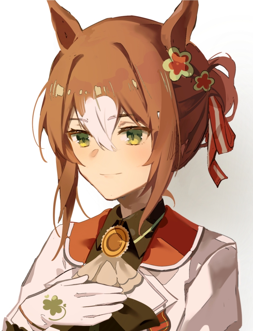 1girl, animal_ears, ascot, brown_hair, closed_mouth, clover_hair_ornament, collared_shirt, fine_motion_(umamusume)