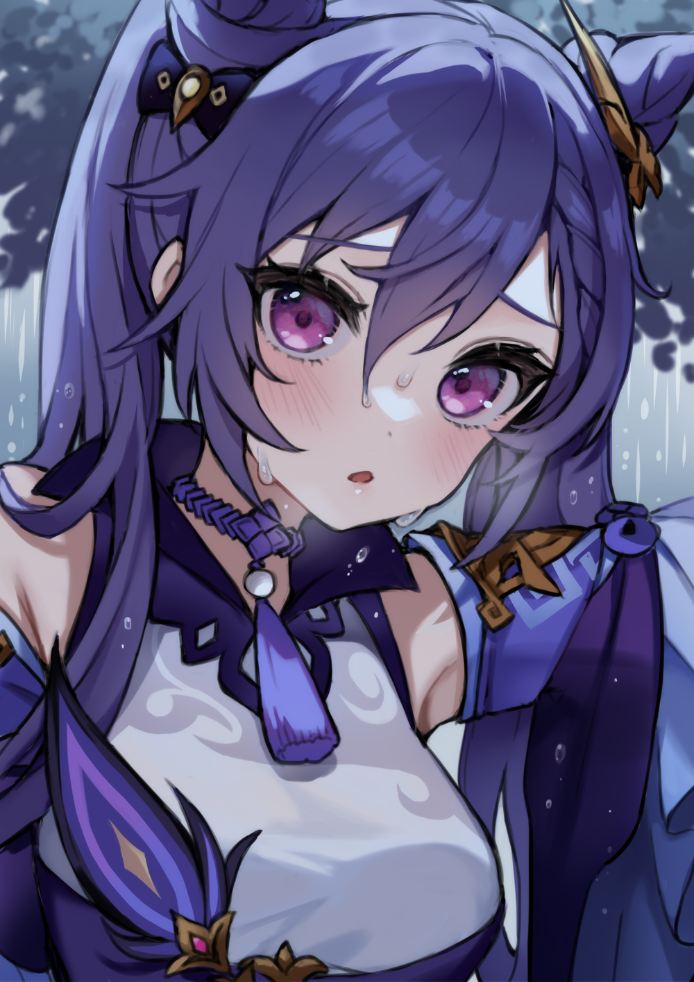 1girl, blush, braid, breasts, choker, close-up, cone_hair_bun, detached_sleeves