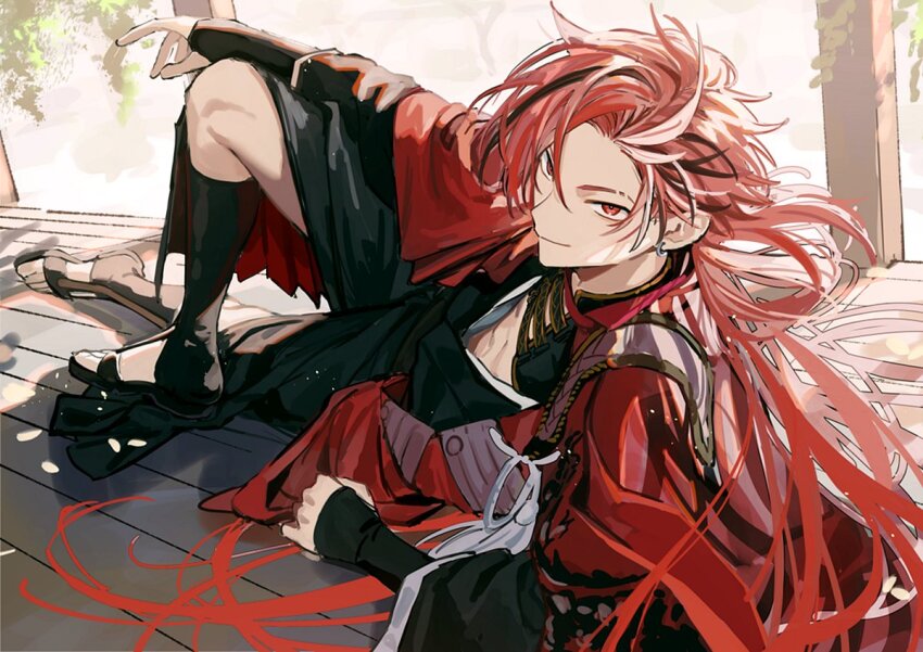 1boy, black_hair, black_kimono, black_sandals, earrings, eyebrow_cut, fate/grand_order, fate_(series)