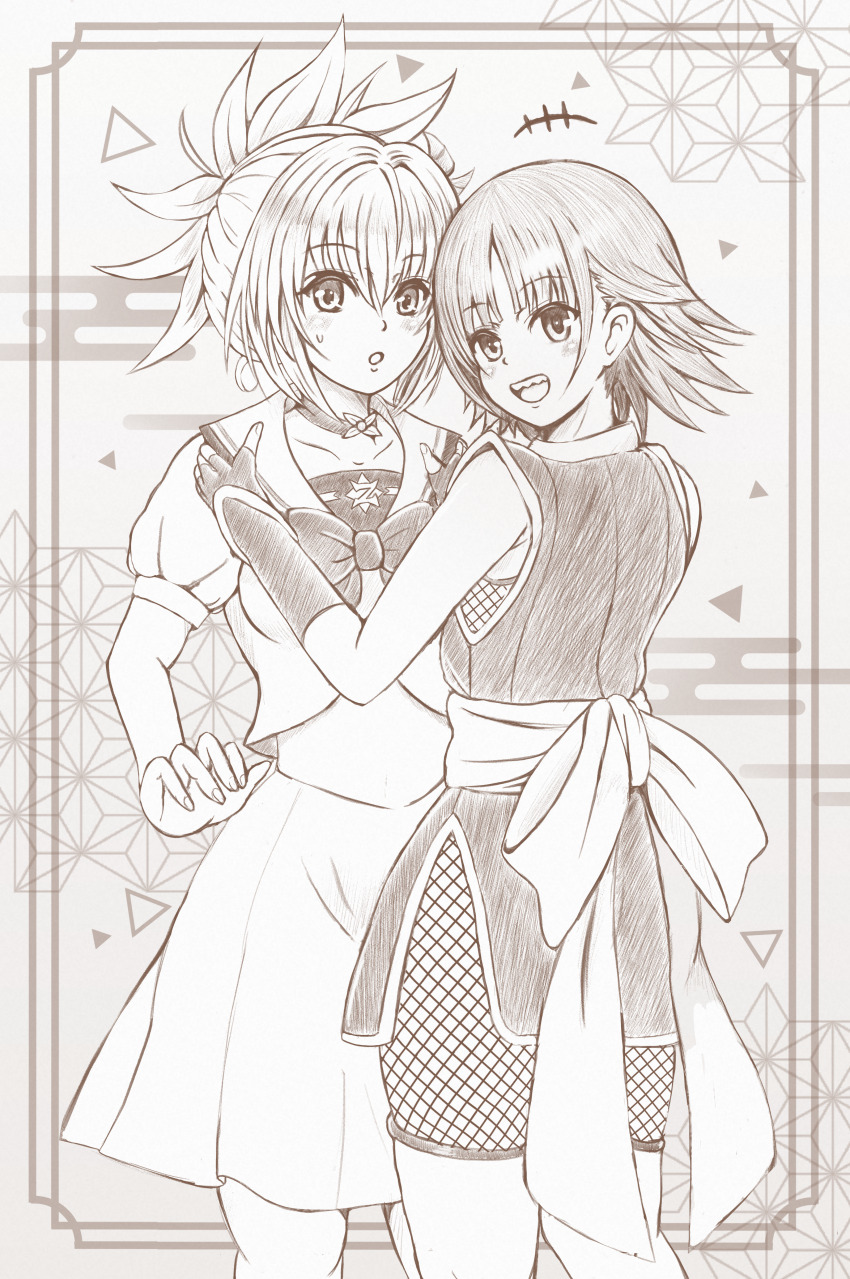 2girls, absurdres, ayakashi_triangle, big_kapipara, cowboy_shot, fishnets, genderswap, genderswap_(mtf), greyscale, highres, kazamaki_matsuri, kazamaki_matsuri_(female), monochrome, multiple_girls, ninokuru_haya, open_mouth, sharp_teeth, sketch, teeth