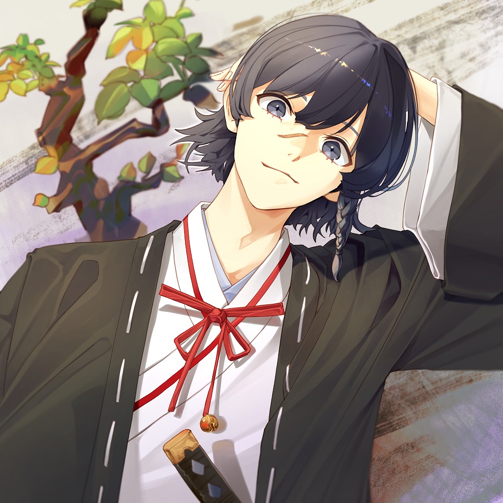 1boy, arm_up, aza_touma, bell, black_eyes, black_hair, braid, closed_mouth