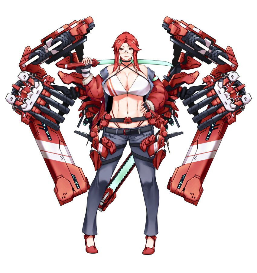 abs, belt, bikini, bikini_top_only, cannon, choker, commentary, criss-cross_halter, denim, english_commentary, fingerless_gloves, full_body, glasses, gloves, halterneck, high_heels, highres, jacket, jeans, long_hair, looking_at_viewer, nachtness, navel, off_shoulder, original, pants, personification, red_eyes, red_hair, rigging, smile, starsector, swimsuit, sword, thong, weapon