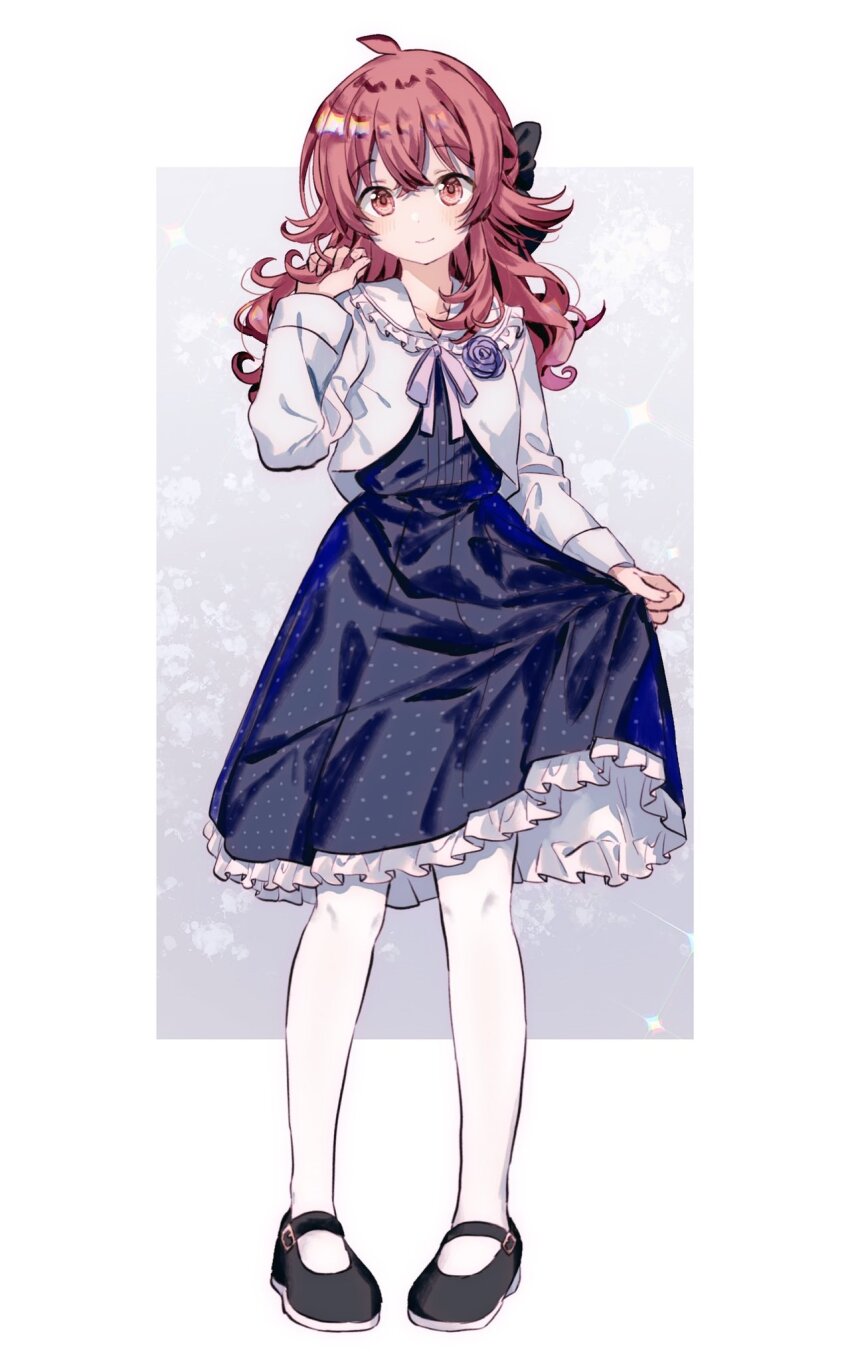 1girl, ahoge, alternate_costume, black_dress, black_footwear, blush, bow, collarbone