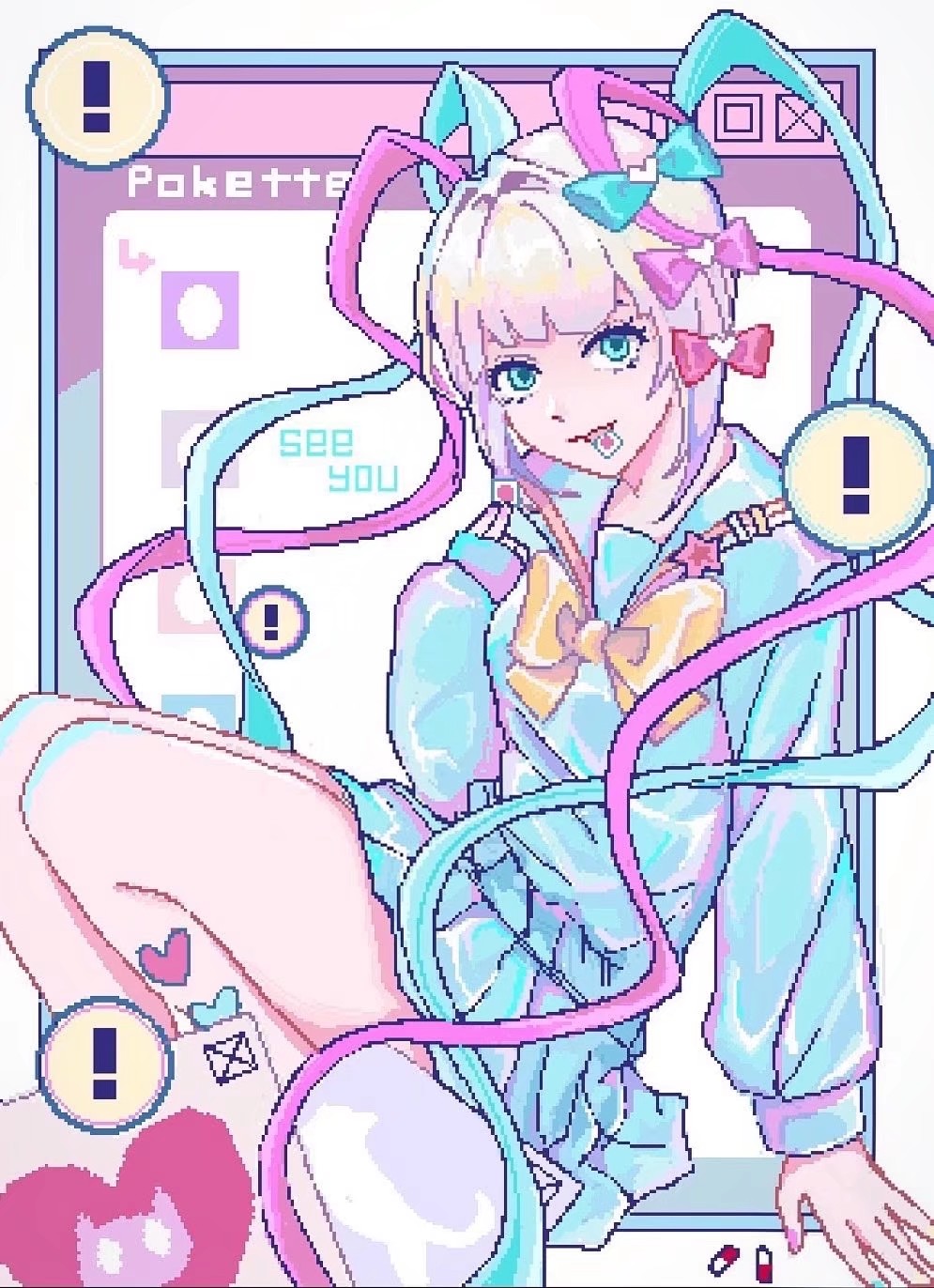 1girl, blonde_hair, blue_bow, blue_eyes, blue_hair, blue_shirt, blue_skirt, bow