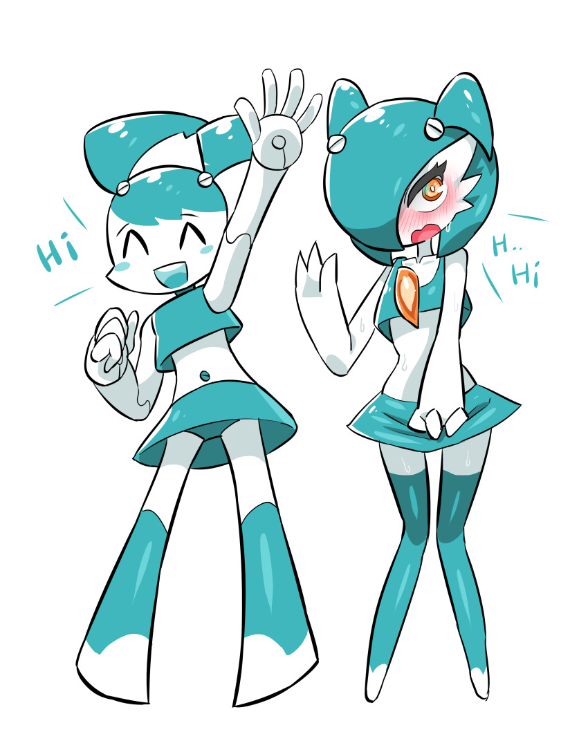 2girls, ^_^, absurdres, alternate_color, arm_up, bare_shoulders, blue_hair, blue_panties, blue_shirt, blue_skirt, blue_thighhighs, blush, blush_stickers, clenched_hand, closed_eyes, collarbone, colored_skin, cosplay, crop_top, crossover, ddingyong, embarrassed, english_text, facing_viewer, female_focus, flat_chest, gardevoir, gen_3_pokemon, hair_ornament, hair_over_one_eye, hand_up, happy, highres, humanoid_robot, jenny_wakeman, jenny_wakeman_(cosplay), joints, knees_together_feet_apart, legs, looking_at_viewer, midriff, miniskirt, multiple_girls, my_life_as_a_teenage_robot, navel, nervous, nintendo, no_feet, nose_blush, one_eye_covered, open_mouth, orange_eyes, panties, pantyshot, pokemon, pokemon_(creature), robot, robot_joints, shiny_pokemon, shirt, short_hair, simple_background, skirt, skirt_tug, sleeveless, sleeveless_shirt, smile, stomach, sweat, talking, teeth, thighhighs, twintails, two_side_up, underwear, upskirt, waving, white_background, white_skin, zettai_ryouiki