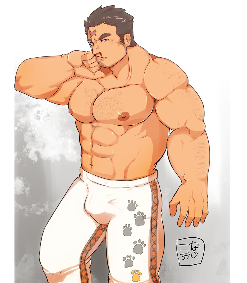 1boy, abs, absurdres, arm_hair, bara, black_hair, blood, brown_hair, bulge, chest_hair, cross_scar, dark-skinned_male, dark_skin, facial_hair, feet_out_of_frame, hairy, highres, houzouin_oniwaka, konaoji_(connersublow), large_pectorals, long_sideburns, male_focus, mature_male, muscular, muscular_male, navel, nipples, pants, paw_print, pectorals, scar, scar_on_face, scar_on_forehead, short_hair, sideburns, solo, standing, stomach, stubble, thick_eyebrows, thighs, tight_clothes, tight_pants, tokyo_houkago_summoners, topless_male, white_pants, wiping_blood