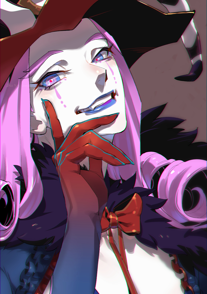 1boy, absurdres, blue_eyes, blue_lips, bow, bowtie, cape, clown, colored_skin, curly_hair, demon_boy, fate/grand_order, fate_(series), fur-trimmed_cape, fur_collar, fur_trim, hand_on_own_face, hat, headpiece, highres, long_hair, looking_at_viewer, loveyama, makeup, male_focus, mephistopheles_(fate), multicolored_eyes, pink_eyes, pink_hair, smile, solo, teardrop, thick_eyebrows, white_skin