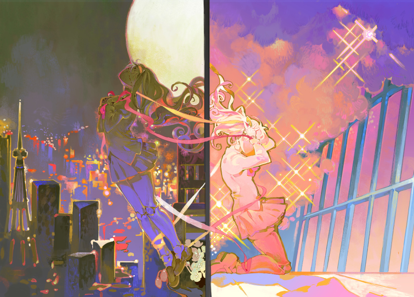 2girls, absurdres, akemi_homura, black_footwear, black_hair, black_jacket, black_skirt, bow