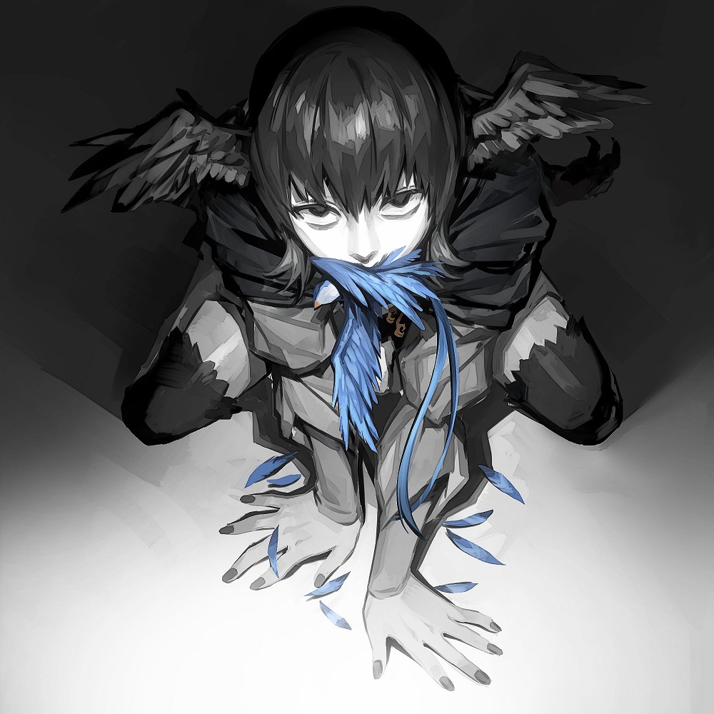 1girl, bird, bird_girl, bird_wings, black_capelet, black_eyes, black_hair, black_nails, blue_bird, blue_feathers, capelet, commentary, english_commentary, expressionless, feathered_wings, feathers, final_fantasy, final_fantasy_xiv, from_above, greyscale, hands_on_floor, head_wings, legs_apart, looking_at_viewer, looking_up, meteion, monochrome, mouth_hold, sanpaku, short_hair, sitting, solo, spot_color, wariza, wings, zmeoow