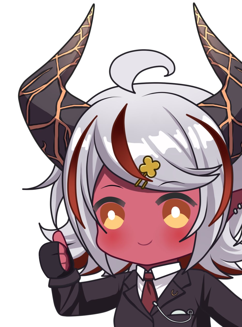 1girl, ahoge, aprob_(meme), black_gloves, black_suit, chibi, collared_shirt, colored_skin