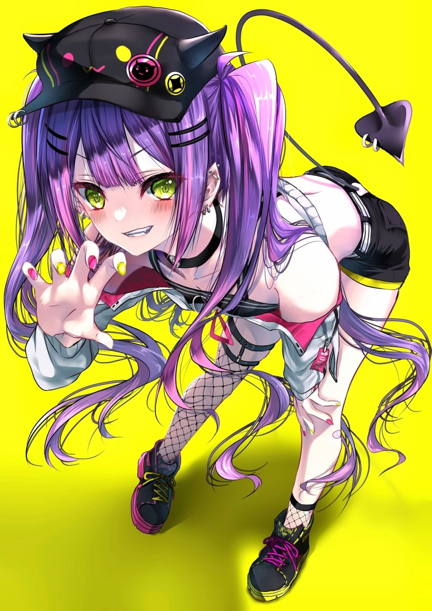 1girl, asymmetrical_legwear, black_choker, black_shorts, choker, fishnet_thighhighs, fishnets, green_eyes