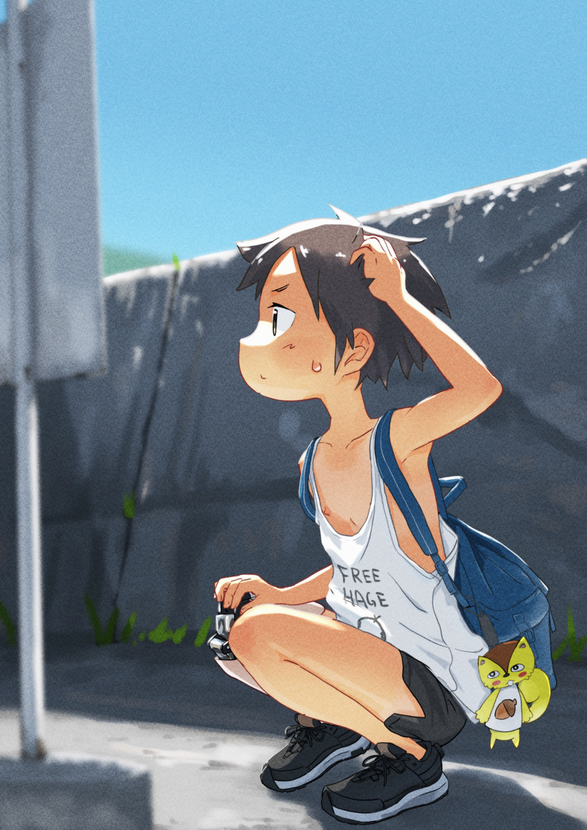 1boy, absurdres, armpits, backpack, bag, black_hair, black_shoes, black_shorts, blue_sky, blurry, bus_stop, day, depth_of_field, grass, highres, male_focus, nipple_slip, nipples, original, otetekoten, outdoors, profile, scratching_head, shoes, short_hair, shorts, shota, sidelighting, sky, solo, squatting, stuffed_squirrel, sweat, tank_top, white_tank_top