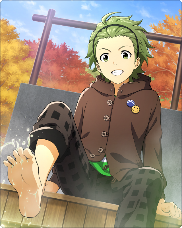 1boy, ahoge, barefoot, black_hairband, buttons, card_(medium), feet, fingernails