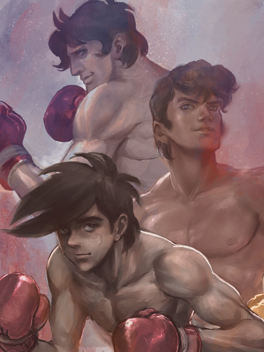3boys, ashita_no_joe, black_eyes, black_hair, boxing, boxing_gloves, brown_hair, carlos_rivera, fighting_stance, highres, male_focus, multiple_boys, nucca_dzuke, pectorals, rikiishi_tooru, sideburns, smile, toned, toned_male, upper_body, yabuki_joe, yabuki_jou