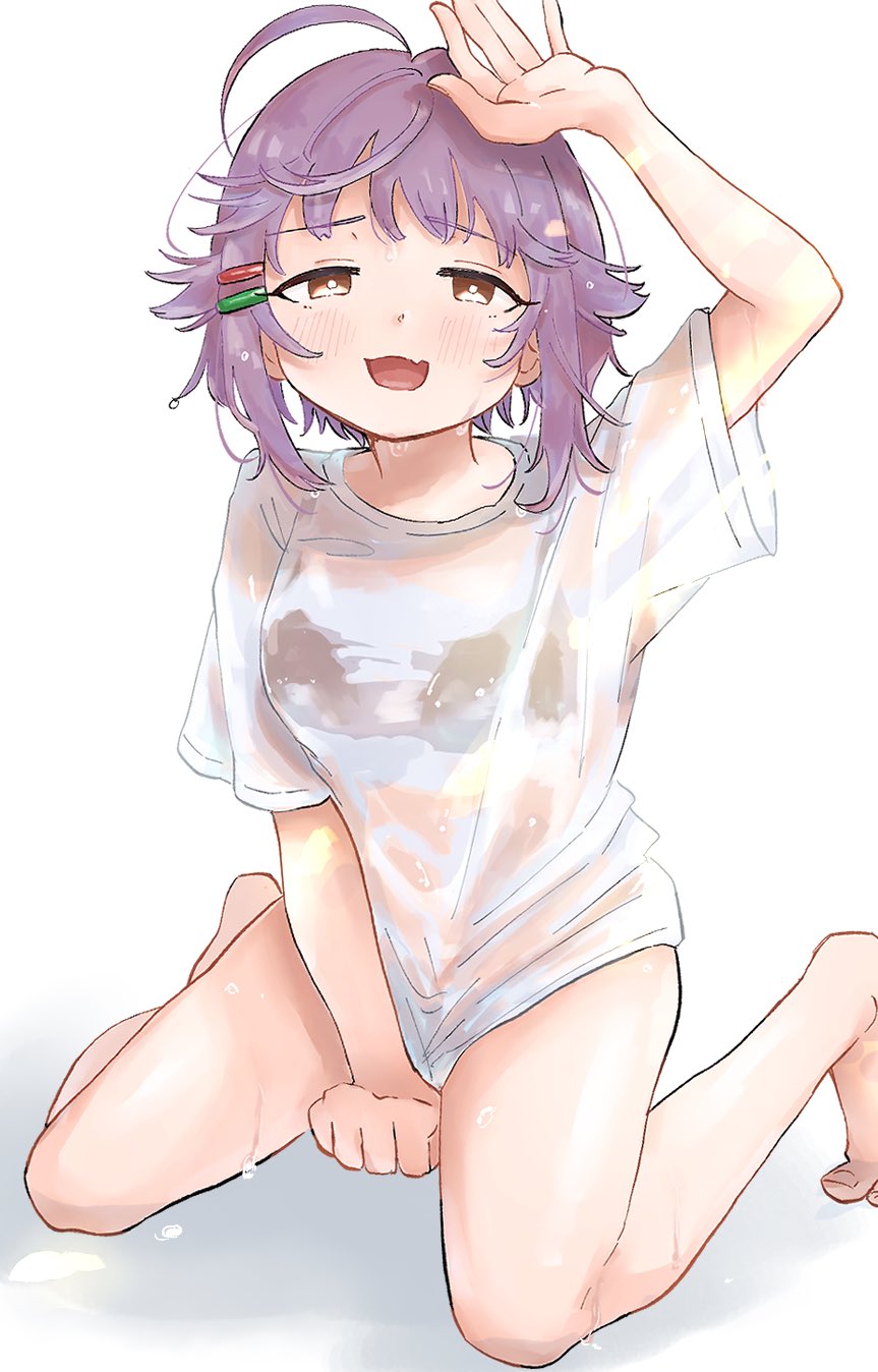 1girl, ahoge, arm_between_legs, arm_up, bare_legs, barefoot, black_bra, blush