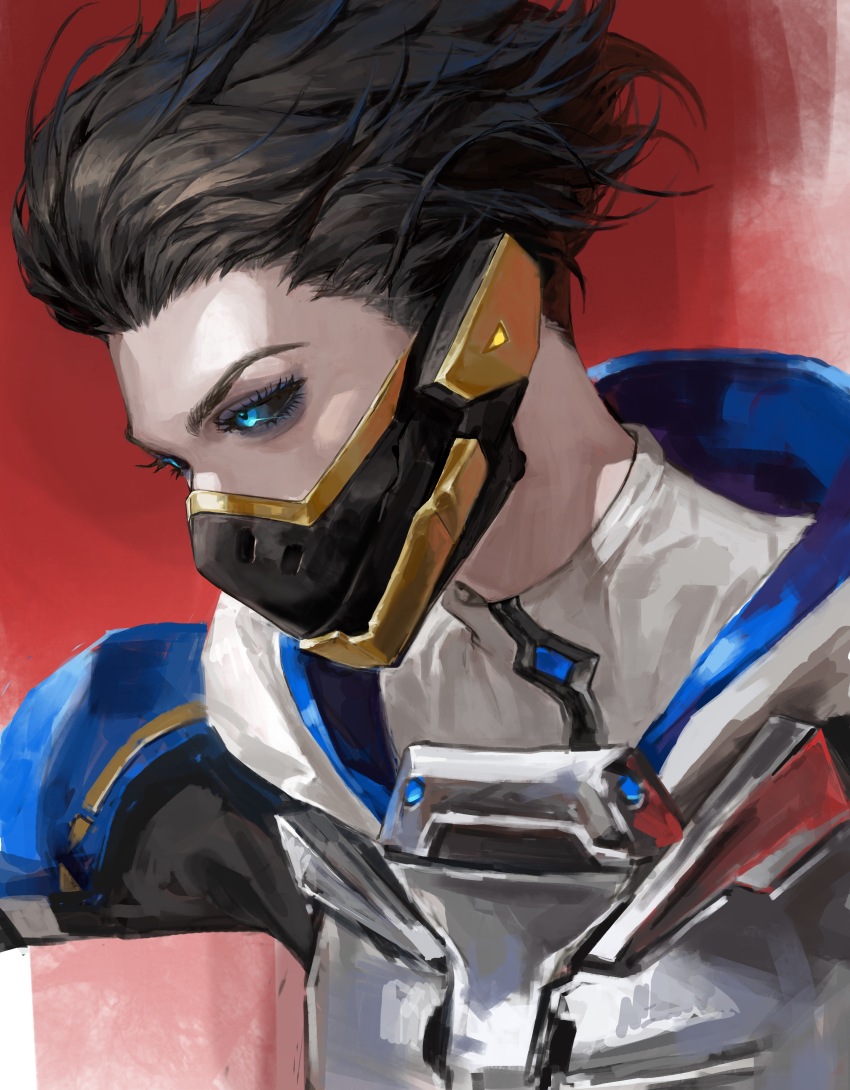 1girl, absurdres, apex_legends, apex_voidshifter_wraith, armor, black_hair, black_jacket, black_sclera, blue_eyes, breastplate, chinese_commentary, colored_sclera, eye_trail, from_side, grey_shirt, hair_slicked_back, highres, hood, hood_down, jacket, kiiwy, light_trail, looking_down, mask, mouth_mask, official_alternate_costume, portrait, realistic, shirt, short_hair, solo, wraith_(apex_legends)