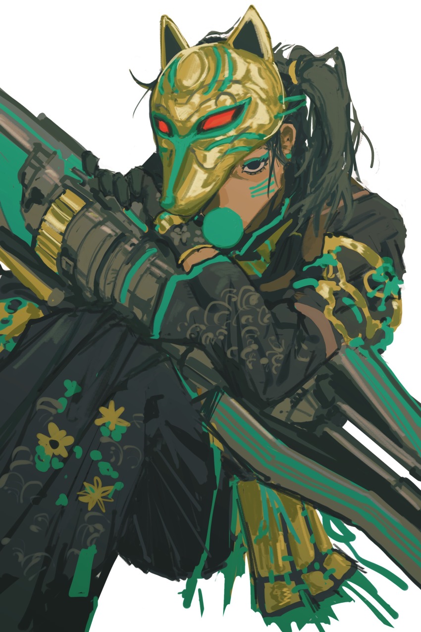 1girl, absurdres, apex_legends, aqua_eyeshadow, black_eyes, black_gloves, black_kimono, chewing_gum, chinese_commentary, dark-skinned_female, dark_skin, eyeshadow, fox_mask, gloves, gun, hair_behind_ear, highres, holding, holding_gun, holding_weapon, japanese_clothes, kimono, makeup, mao_ke, mask, mask_on_head, official_alternate_costume, rampart_(apex_legends), sheila_(minigun), side_ponytail, sitting, sly_fox_rampart, solo, weapon, white_background