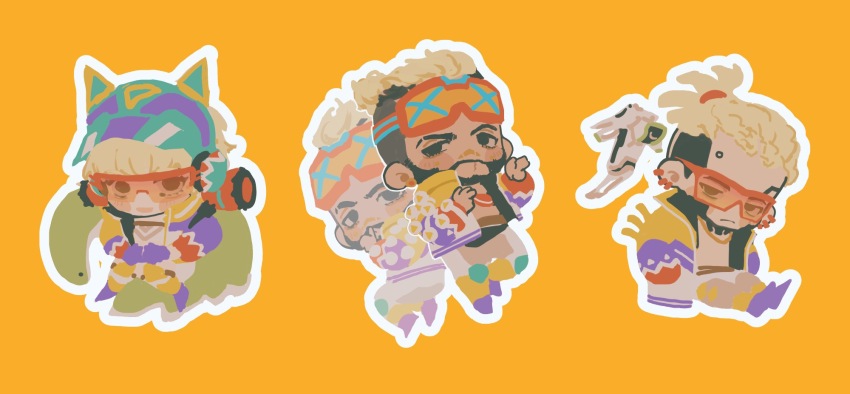 3boys, animal_ear_headphones, animal_ears, animification, apex_legends, black_hair, blonde_hair, blue_headwear