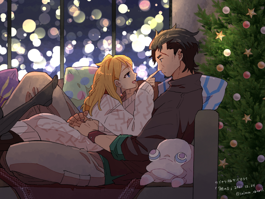 1boy, 1girl, artist_name, black_hair, black_pantyhose, blonde_hair, braid, christmas_tree, couch, dated, decadence_(anime), earrings, eye_contact, hetero, highres, hug, indoors, jewelry, kaburagi_(decadence), looking_at_another, lying, natsume_(decadence), on_couch, on_stomach, ornament, pantyhose, pillow, pipe_(decadence), profile, salmon_aburi1, scar, sitting, sweater, throw_pillow, window, wristband