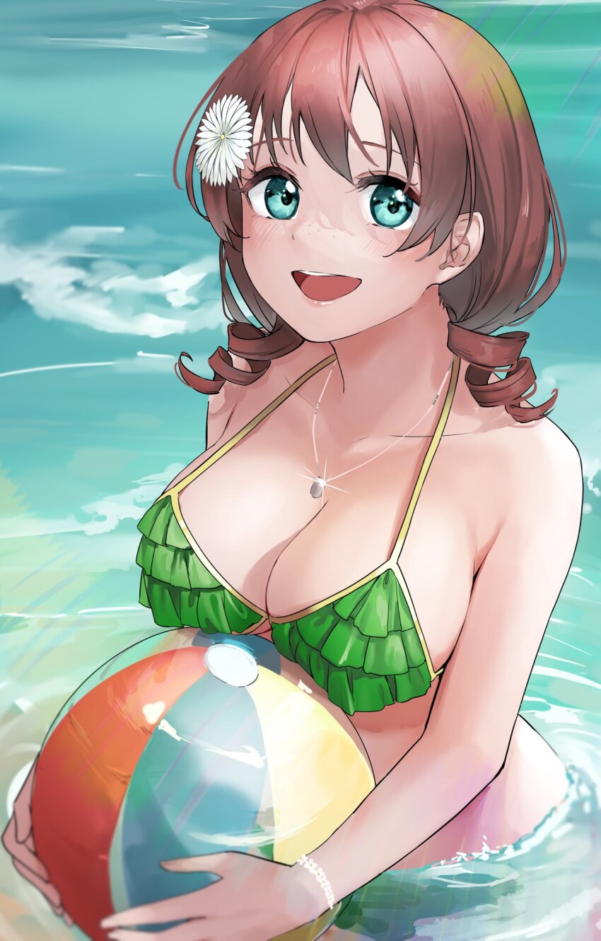 1girl, ball, beachball, bikini, blue_eyes, blush, bracelet, breasts