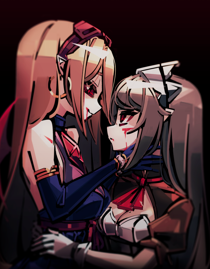 2girls, ascot, backless_dress, backless_outfit, bare_shoulders, bat_wings, black_background, blonde_hair