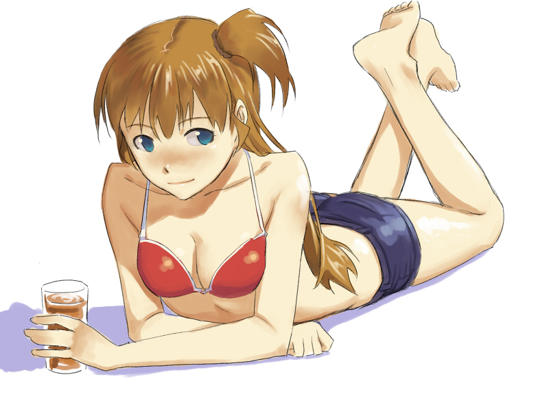 00s, 1girl, barefoot, bikini, bikini_top_only, breasts, denim, denim_shorts