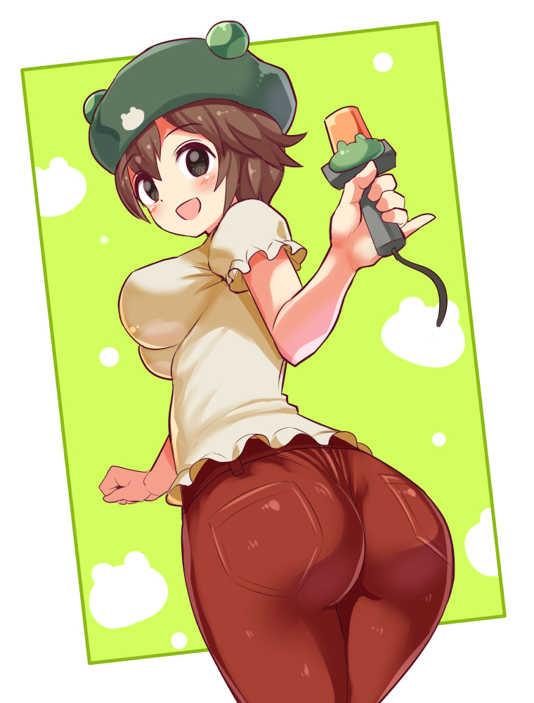 1girl, ass, blush, breasts, brown_eyes, brown_hair, capcom, cougar_(cougar1404), frog_hat, from_behind, looking_at_viewer, looking_back, medium_breasts, mega_man_(series), mega_man_battle_network, microphone, open_mouth, pants, ribitta_(mega_man), shirt, short_hair, sideboob, smile, solo