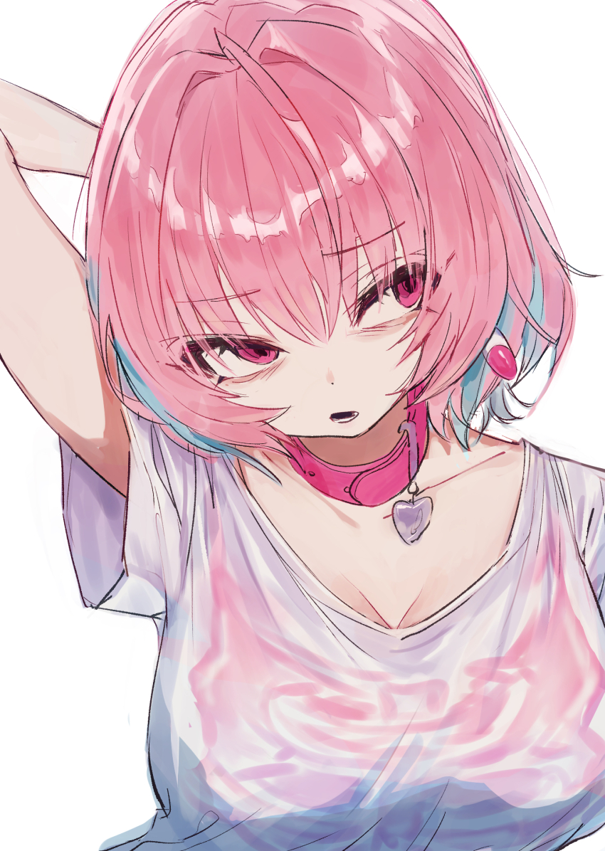 1girl, ahoge, annoyed, aqua_hair, arm_behind_head, belt, belt_collar, bob_cut