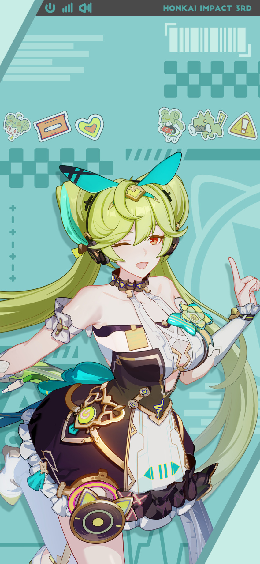 1girl, ai-chan_(honkai_impact), ai_hyperion_lambda, ai_hyperion_lambda_(chrono_navi), ai_hyperion_lambda_(leisurely_melody), bare_shoulders, breasts, chinese_commentary, green_hair, highres, honkai_(series), honkai_impact_3rd, large_breasts, leg_up, long_hair, multicolored_hair, official_alternate_costume, official_art, official_wallpaper, one_eye_closed, open_mouth, pause_button, play_button, solo, sticker, streaked_hair, thighhighs, very_long_hair, white_sleeves, white_thighhighs