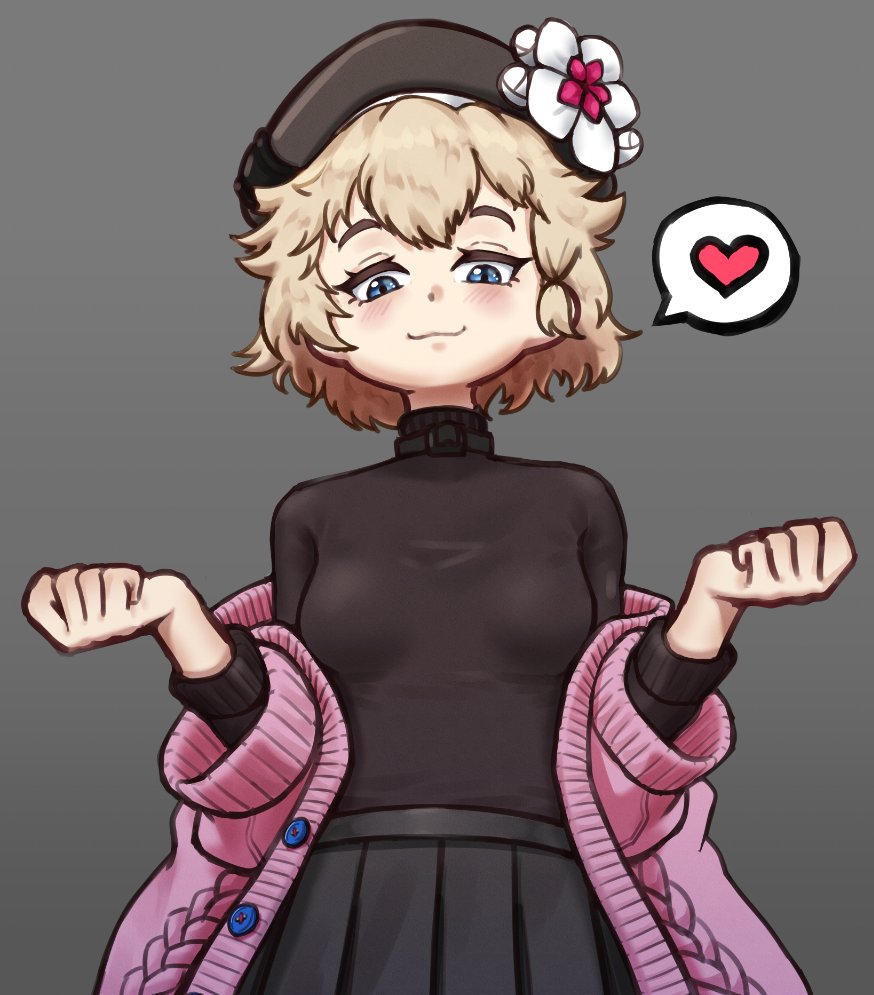 1girl, :3, beret, blonde_hair, blue_eyes, blush, breasts, cardigan