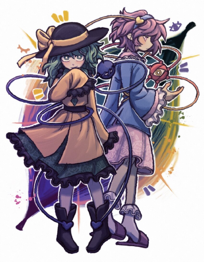 2girls, black_footwear, black_headwear, blouse, blue_hairband, blue_shirt, blush, boots