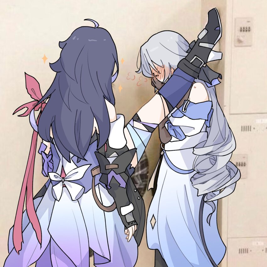 2girls, ahoge, bare_shoulders, blush, bronya_rand, commentary, covering_own_mouth, drill_hair, embarrassed, english_commentary, fingerless_gloves, foot_kabedon, gloves, highres, honkai:_star_rail, honkai_(series), indoors, kabedon, leg_up, locker, locker_foot_kabedon_(meme), long_hair, meme, multiple_girls, no_eyes, seele_(honkai:_star_rail), si_(si_sowofei), split, standing, standing_on_one_leg, standing_split, star_(symbol), sweatdrop, yuri
