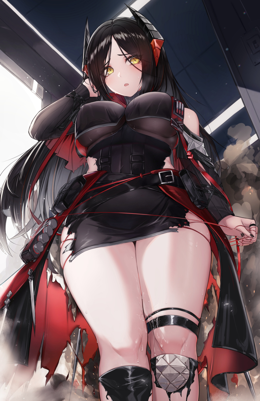 1girl, absurdres, arknights, black_hair, black_nails, black_shirt, black_skirt, breasts, cowboy_shot, cross-shaped_pupils, demon_horns, detached_sleeves, headhunting_permit_(arknights), highres, horns, ines_(arknights), long_hair, long_sleeves, medium_breasts, mole, mole_under_eye, nail_polish, open_mouth, parted_bangs, shirt, sidelocks, skirt, solo, sweat, symbol-shaped_pupils, thighs, two-sided_shirt, very_long_hair, wet, yellow_eyes, zayur