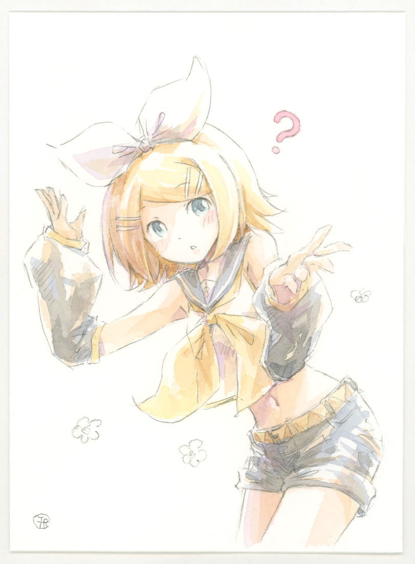 1girl, ?, aqua_eyes, bare_shoulders, blonde_hair, bow, commentary, crop_top