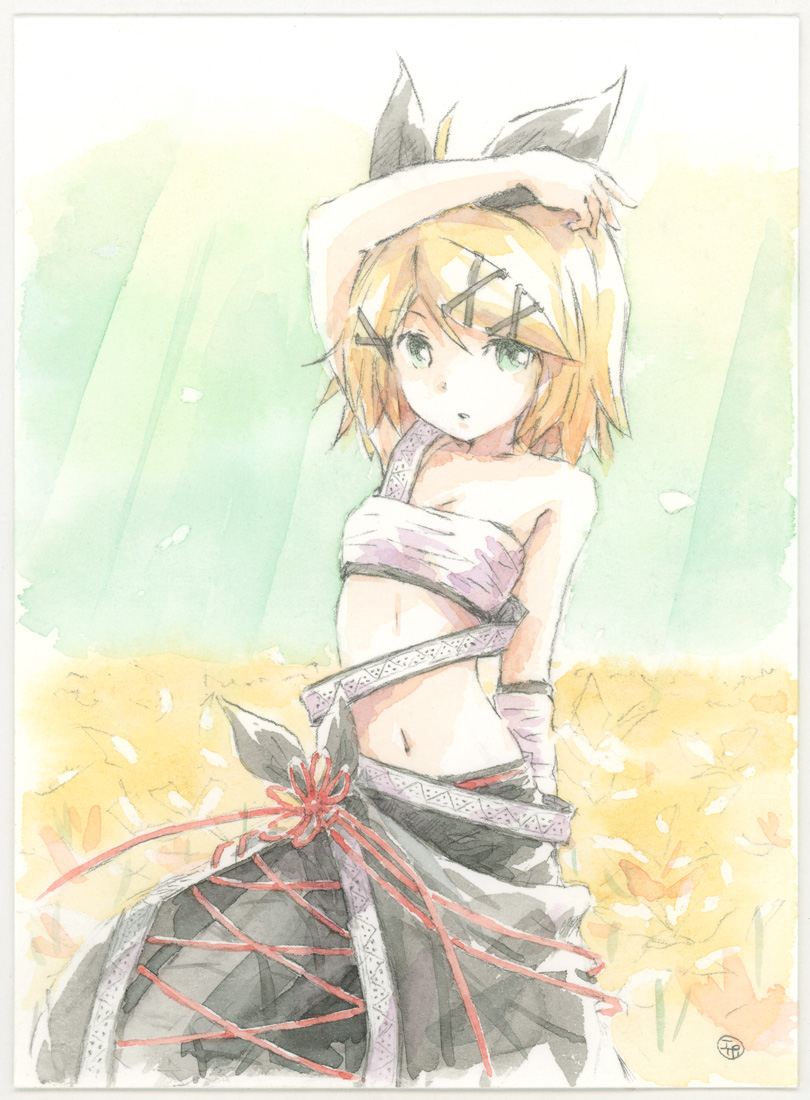 1girl, arm_over_head, arm_up, bandaged_arm, bandages, bare_shoulders, black_bow, black_pants, blonde_hair, bow, breasts, cleavage, collarbone, commentary, epoxy_putty, green_eyes, green_sky, hair_ornament, hairclip, kagamine_rin_(heat_haze), iroha_uta_(vocaloid), japanese_clothes, kagamine_rin, kimono, midriff, navel, painting_(medium), pants, parted_lips, project_diva_(series), sarashi, short_hair, skirt_cutout, sky, small_breasts, solo, traditional_media, vocaloid, watercolor_(medium), wheat_field