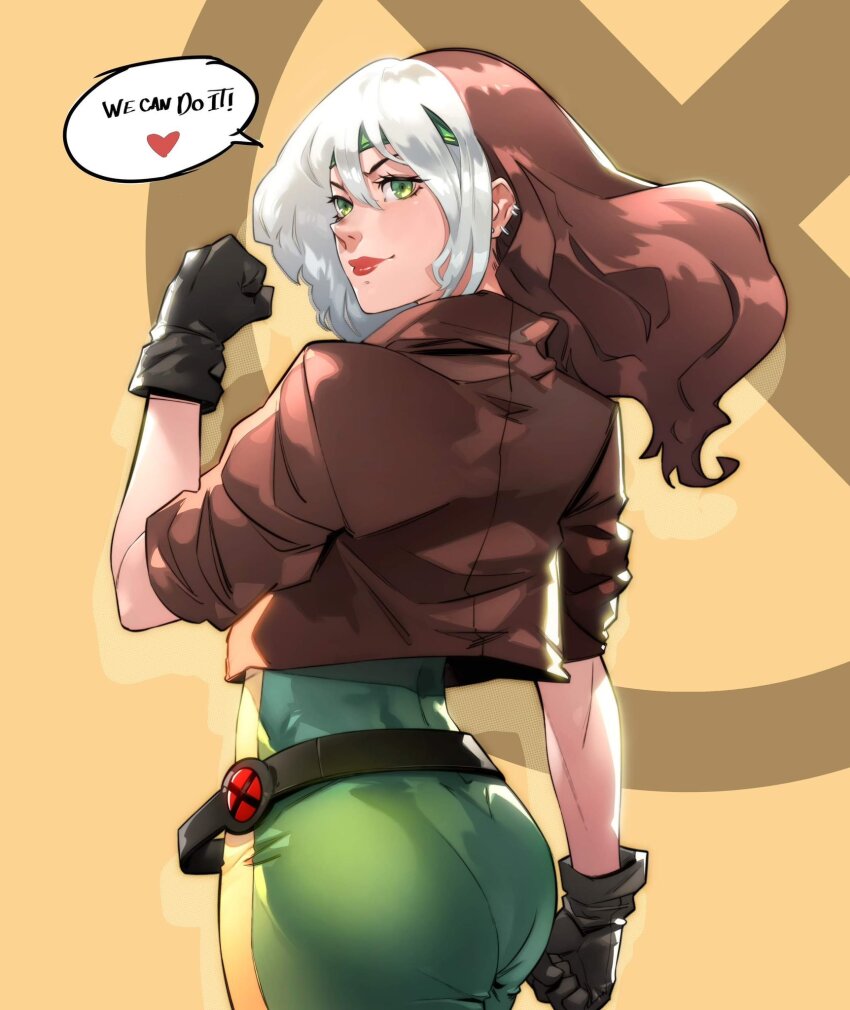 1girl, animification, ass, black_gloves, bodysuit, brown_hair, brown_jacket, cesar_art456, clenched_hands, cropped_jacket, earrings, floating_hair, gloves, green_bodysuit, grey_hair, hair_between_eyes, heart, highres, jacket, jewelry, lipstick, long_hair, makeup, marvel, multicolored_hair, red_lips, rogue_(x-men), smile, solo, speech_bubble, two-tone_hair, v-shaped_eyebrows, we_can_do_it!, x-men