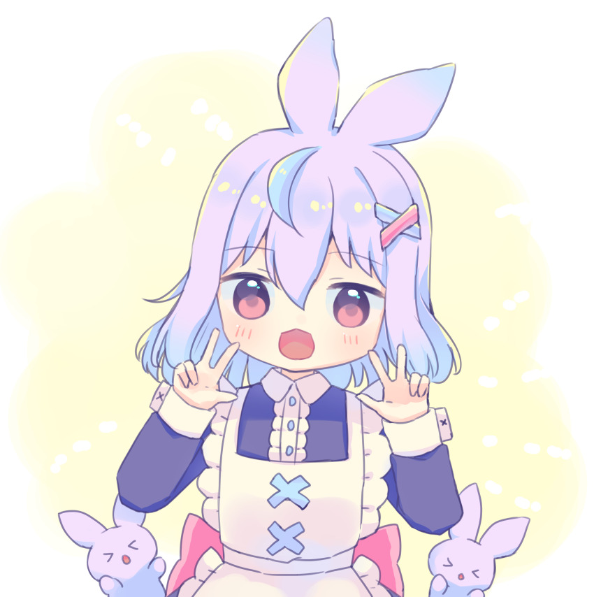 1girl, absurdres, alternate_costume, animal_ears, apron, back_bow, blue_dress, blue_hair, blush, bow, brown_eyes, center_frills, chibi, commentary, double_w, dress, enmaided, frilled_apron, frills, gradient_hair, hair_between_eyes, hair_ornament, hands_up, highres, hyogayome_(artist), hyogayome_(vtuber), indie_virtual_youtuber, kangaroo, kangaroo_ears, kangaroo_girl, light_blue_hair, long_sleeves, looking_at_viewer, maid, maid_apron, medium_hair, multicolored_hair, open_mouth, pink_bow, purple_hair, self-portrait, untranslatable_commentary, two-tone_hair, virtual_youtuber, w, white_apron, x_hair_ornament