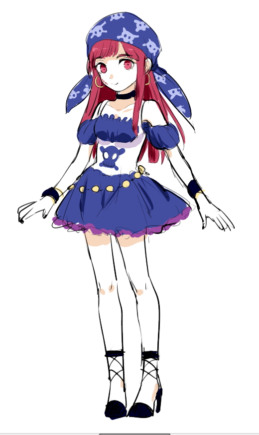 1girl, alternate_costume, bare_shoulders, black_footwear, blue_skirt, collarbone, dress, high_heels, legs, long_hair, pirate_costume, pirate_girl, red_(south_park), red_eyes, red_hair, skirt, sleeveless, smile, south_park, south_park:_phone_destroyer, swashbuckler_red, thighs, wristband