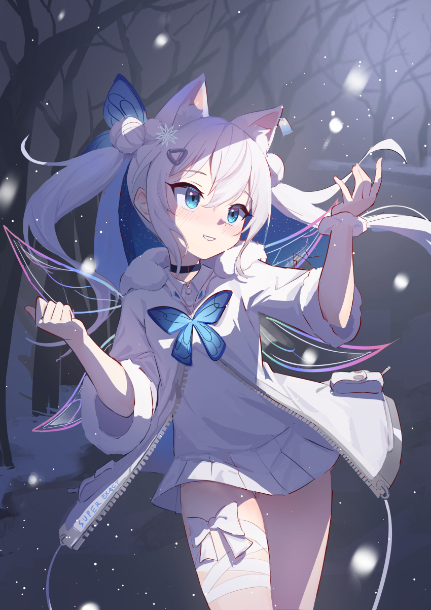 1girl, absurdres, animal_ear_fluff, animal_ears, bandaged_leg, bandages, bare_tree, black_choker