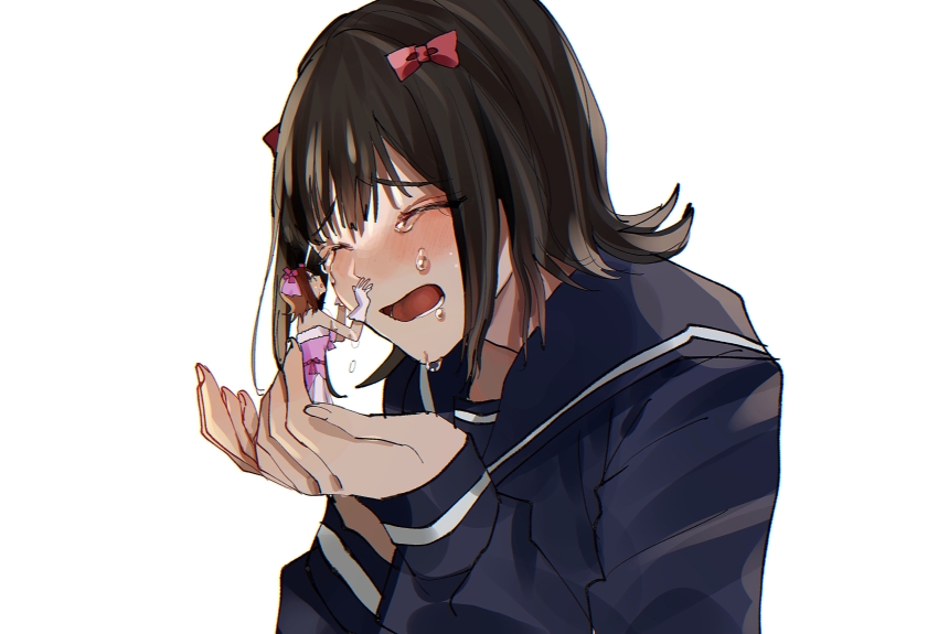 2girls, amami_haruka, black_hair, black_serafuku, blush, bow, brown_hair, crying