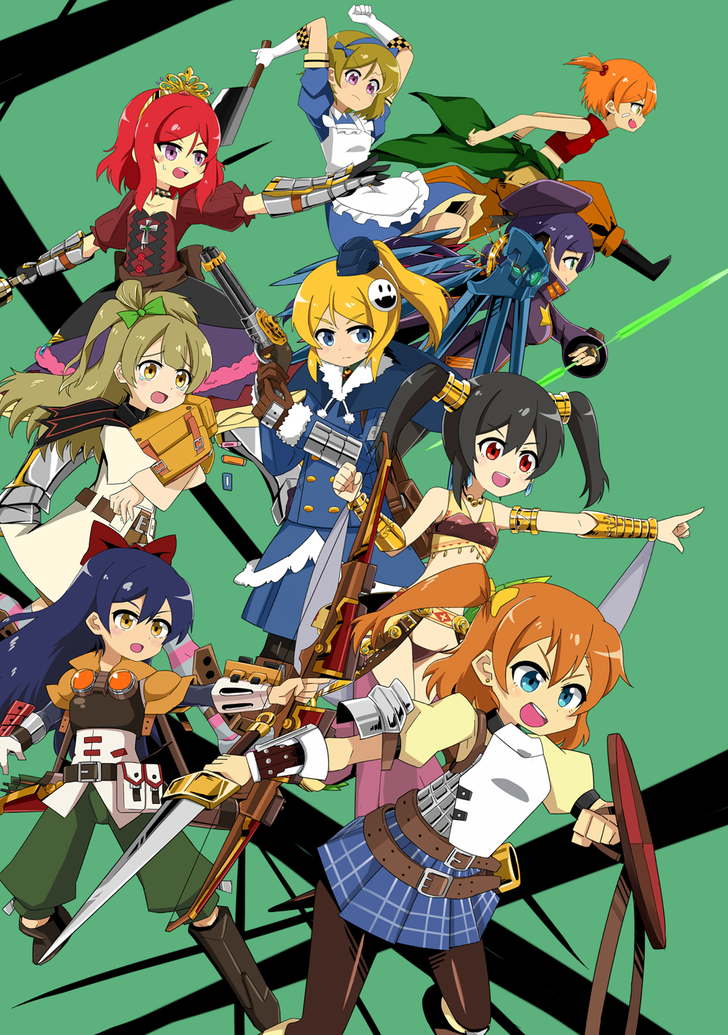 6+girls, :d, apron, ayase_eli, bag, bare_arms, beret, black_hair